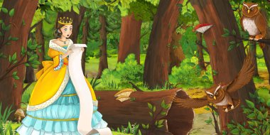 ormanda uçan baykuş çifti karşılaşan mutlu genç kız ile karikatür sahnesi - çocuklar için illüstrasyon