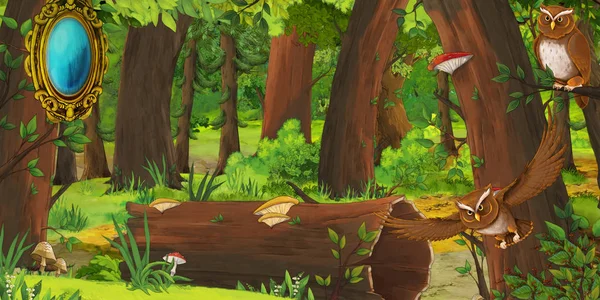 Летняя сцена мультфильма с глубоким лесом и птичьей совой и зеркалом - никого на сцене - иллюстрация для детей — стоковое фото