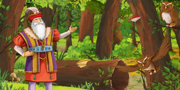 Scenă de desene animate cu un tânăr prinț fericit în pădure care întâlnește o pereche de bufnițe care zboară ilustrație pentru copii — Fotografie, imagine de stoc
