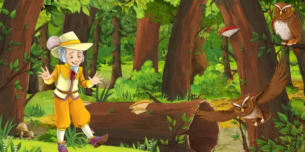 Scena del cartone animato con felice nano ragazzo principe nella foresta incontrare coppia di gufi volare - illustrazione per i bambini — Foto Stock
