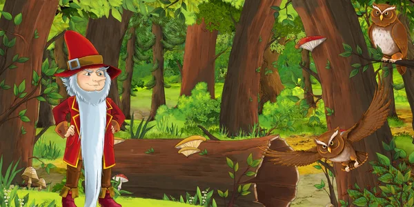 フクロウのペアに遭遇する森の中で幸せな小人の少年王子と漫画のシーン - 子供のためのイラスト — ストック写真