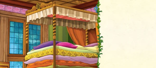 Cena dos desenhos animados com sala cheia de camas - imagem do quarto de dormir com espaço para texto - ilustração para crianças — Fotografia de Stock