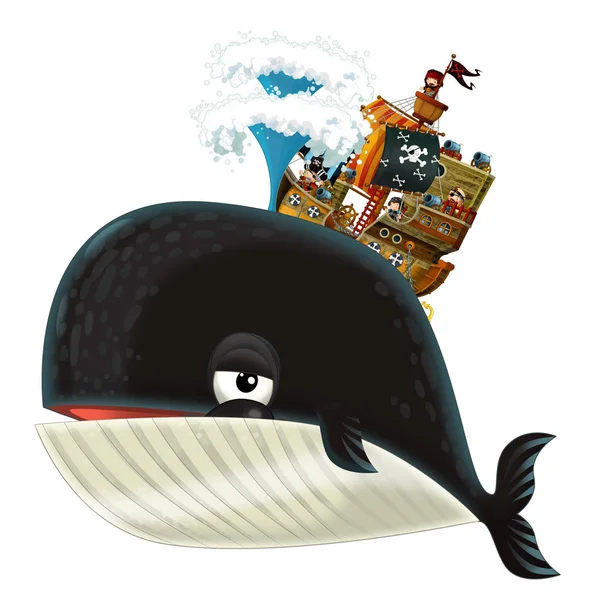 Cartoon Gelukkig Grappig Zee Walvis Spuiten Water Piratenschip Illustratie Voor — Stockfoto