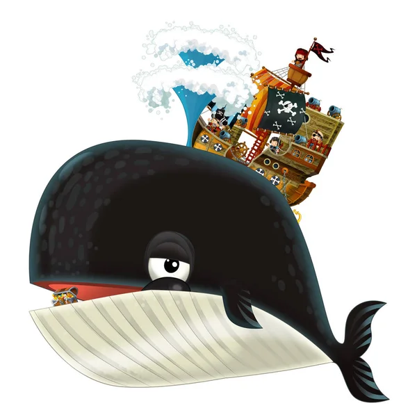 Cartoon Gelukkig Grappig Zee Walvis Spuiten Water Piratenschip Illustratie Voor — Stockfoto