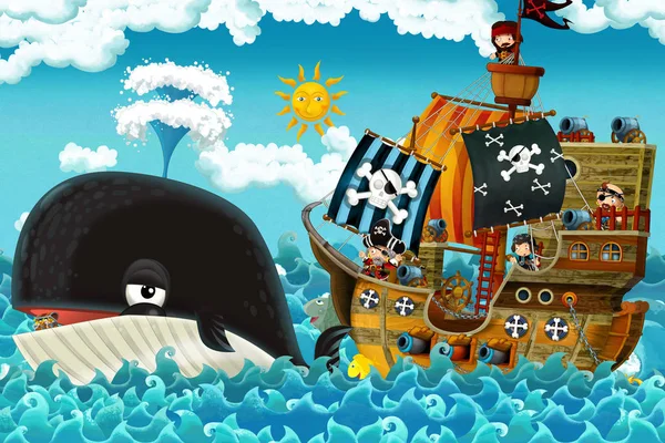 Мультяшная Сцена Пиратским Кораблем Плывущим Морям Счастливыми Пиратами Встречающимися Плавающим — стоковое фото