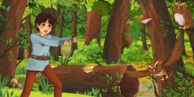 mutlu genç çocuk çocuk prens veya çiftçi ormanda uçan baykuş çifti karşılaşan karikatür sahnesi - çocuklar için illüstrasyon