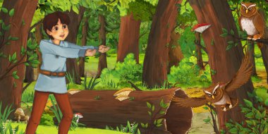 mutlu genç çocuk çocuk prens veya çiftçi ormanda uçan baykuş çifti karşılaşan karikatür sahnesi - çocuklar için illüstrasyon