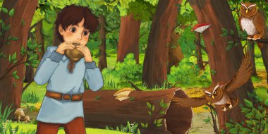 mutlu genç çocuk çocuk prens veya çiftçi ormanda uçan baykuş çifti karşılaşan karikatür sahnesi - çocuklar için illüstrasyon