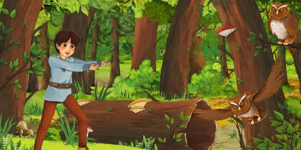 Escena de dibujos animados con niño niño feliz príncipe o granjero en el bosque encuentro par de búhos volando - ilustración para los niños — Foto de Stock