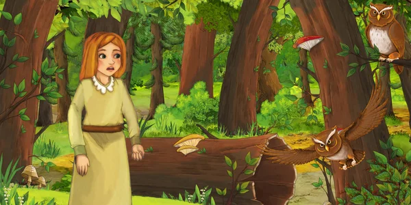 Scena dei cartoni animati con felice ragazza bambino nella foresta incontrando coppia di gufi che volano - illustrazione per bambini — Foto Stock