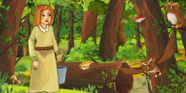 Cena dos desenhos animados com criança jovem feliz na floresta encontrando par de corujas voando ilustração para crianças — Fotografia de Stock