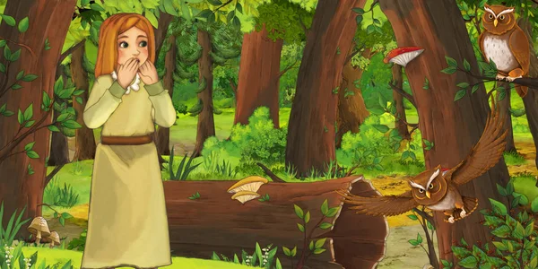 Tecknad scen med Happy Young Girl Child i skogen möter par ugglor flygande-illustration för barn — Stockfoto