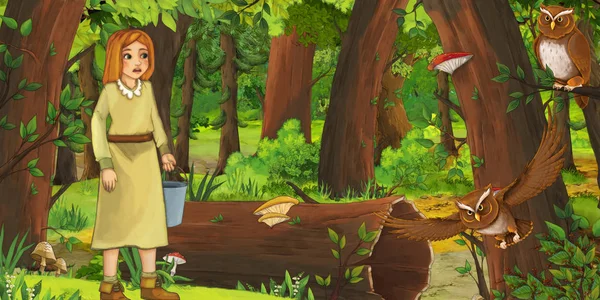 Καρτούν σκηνή με ευτυχισμένο νεαρό κορίτσι παιδί στο δάσος συναντά ζευγάρι κουκουβάγιες που πετούν-εικόνα για τα παιδιά — Φωτογραφία Αρχείου