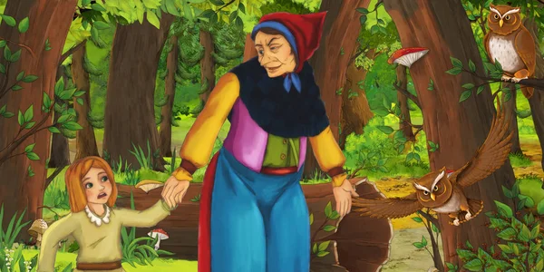 Cartoon scene with happy old woman witch sorceress in the forest encountering pair of owls flying - illustration for children — Stock Photo, Image