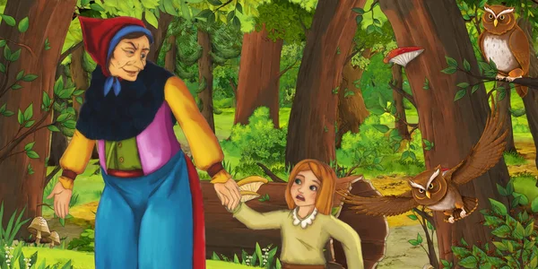 Scena del cartone animato con felice vecchia strega strega nella foresta incontrare coppia di gufi volare - illustrazione per bambini — Foto Stock