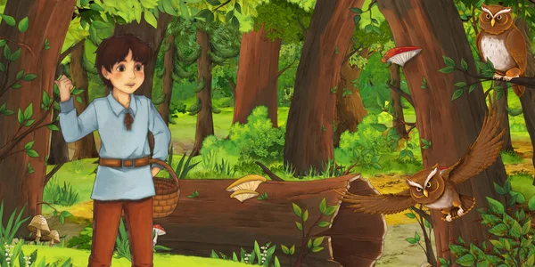 Scena del cartone animato con felice giovane ragazzo bambino principe o agricoltore nella foresta incontrare coppia di gufi volare - illustrazione per i bambini — Foto Stock