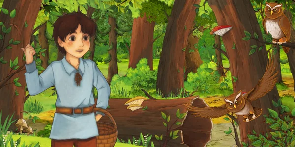 Scène de dessin animé avec un jeune garçon heureux enfant prince ou agriculteur dans la forêt rencontrant une paire de hiboux volant illustration pour les enfants — Photo
