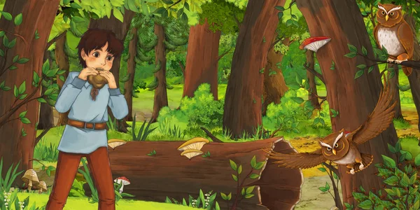 Escena de dibujos animados con niño niño feliz príncipe o granjero en el bosque encuentro par de búhos volando - ilustración para los niños —  Fotos de Stock