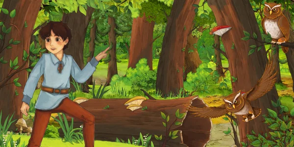 Мультяшная сцена с счастливым маленьким мальчиком-принцем или фермером в лесу, встретившим пару летающих сов - иллюстрация для детей — стоковое фото