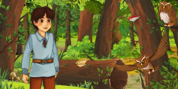 Cartoon scene with happy young boy child prince or farmer in the forest encountering pair of owls flying - illustration for children — Stock Photo, Image