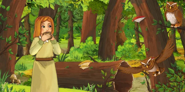 Scena dei cartoni animati con felice ragazza bambino nella foresta incontrando coppia di gufi che volano - illustrazione per bambini — Foto Stock