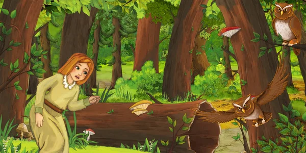 Scena dei cartoni animati con felice ragazza bambino nella foresta incontrando coppia di gufi che volano - illustrazione per bambini — Foto Stock