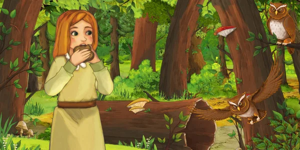 卡通场景与快乐的小女孩在森林中遇到一对猫头鹰飞 - 插图为儿童 — 图库照片
