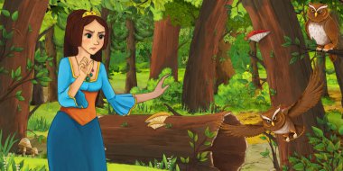 ormanda uçan baykuş çifti karşılaşan mutlu genç kız ile karikatür sahnesi - çocuklar için illüstrasyon