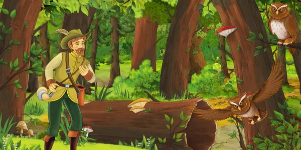 Scena dei cartoni animati con l'uomo più anziano agricoltore o cacciatore nella foresta incontrare coppia di gufi volare - illustrazione per i bambini — Foto Stock