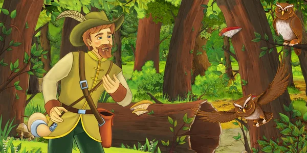 Cena dos desenhos animados com homem mais velho agricultor ou caçador na floresta encontrando par de corujas voando - ilustração para crianças — Fotografia de Stock