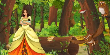 ormanda uçan baykuş çifti karşılaşan mutlu genç kız ile karikatür sahnesi - çocuklar için illüstrasyon