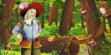 ormanda mutlu genç çocuk Prens ile karikatür sahne baykuşlar uçan çifti karşılaşma-çocuklar için illüstrasyon