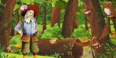 ormanda mutlu genç çocuk Prens ile karikatür sahne baykuşlar uçan çifti karşılaşma-çocuklar için illüstrasyon