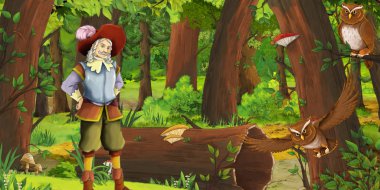 ormanda mutlu genç çocuk Prens ile karikatür sahne baykuşlar uçan çifti karşılaşma-çocuklar için illüstrasyon