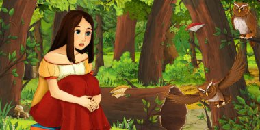 ormanda uçan baykuş çifti karşılaşan mutlu genç kız ile karikatür sahnesi - çocuklar için illüstrasyon