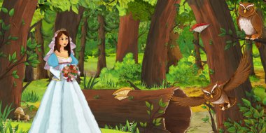 ormanda uçan baykuş çifti karşılaşan mutlu genç kız ile karikatür sahnesi - çocuklar için illüstrasyon