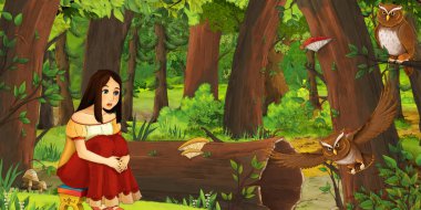 ormanda uçan baykuş çifti karşılaşan mutlu genç kız ile karikatür sahnesi - çocuklar için illüstrasyon