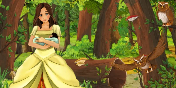 Scène de dessin animé avec une jeune fille heureuse dans la forêt rencontrant une paire de hiboux volant illustration pour les enfants — Photo