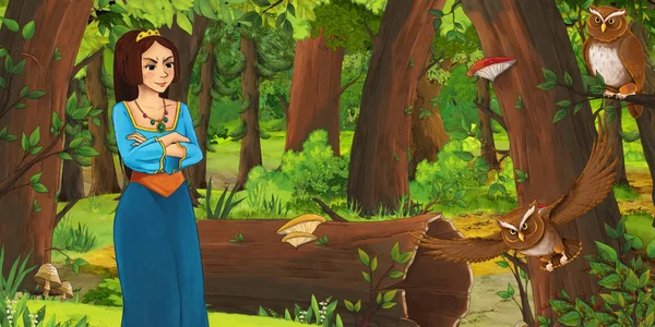 Escena de dibujos animados con la joven feliz en el bosque con un par de búhos volando - ilustración para los niños — Foto de Stock