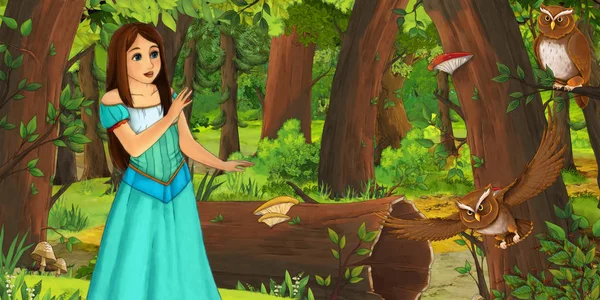 Καρτούν σκηνή με ευτυχισμένο νεαρό κορίτσι στο δάσος συναντά ζευγάρι κουκουβάγιες που πετούν-εικόνα για τα παιδιά — Φωτογραφία Αρχείου