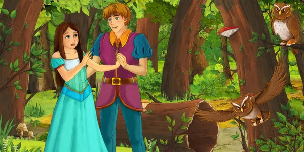 卡通场景与快乐的年轻女孩和男孩王子和公主在森林中遇到一对猫头鹰飞 - 插图为儿童 — 图库照片