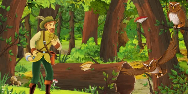 Scena dei cartoni animati con l'uomo più anziano agricoltore o cacciatore nella foresta incontrare coppia di gufi volare - illustrazione per i bambini — Foto Stock