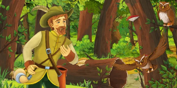 Scena dei cartoni animati con l'uomo più anziano agricoltore o cacciatore nella foresta incontrare coppia di gufi volare - illustrazione per i bambini — Foto Stock