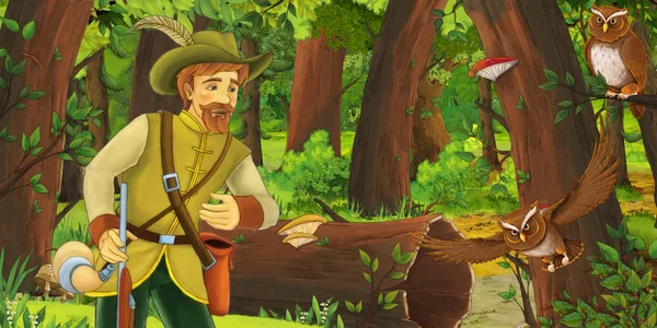 cartoon scene with older man farmer or hunter in the forest encountering pair of owls flying - illustration for children