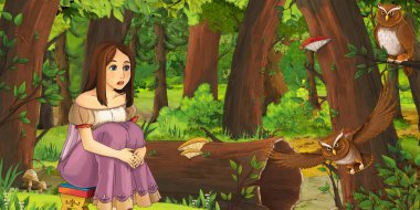 ormanda uçan baykuş çifti karşılaşan mutlu genç kız ile karikatür sahnesi - çocuklar için illüstrasyon