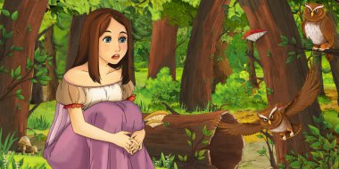 ormanda uçan baykuş çifti karşılaşan mutlu genç kız ile karikatür sahnesi - çocuklar için illüstrasyon