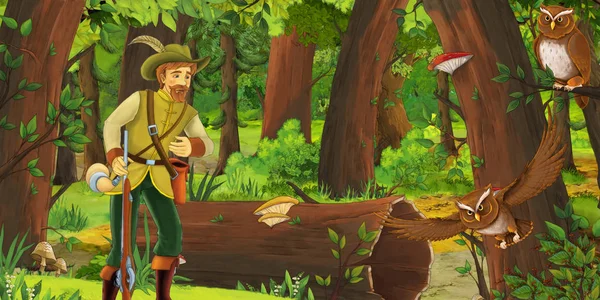 Escena de dibujos animados con un hombre mayor agricultor o cazador en el bosque encontrando un par de búhos volando - ilustración para niños —  Fotos de Stock