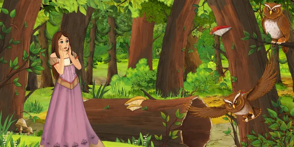 Escena de dibujos animados con la joven feliz en el bosque con un par de búhos volando - ilustración para los niños — Foto de Stock