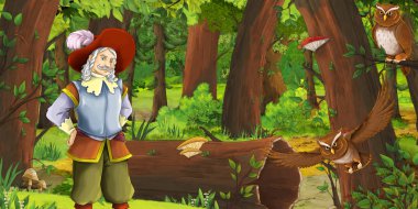 ormanda mutlu genç çocuk Prens ile karikatür sahne baykuşlar uçan çifti karşılaşma-çocuklar için illüstrasyon