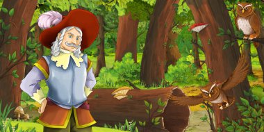 ormanda mutlu genç çocuk Prens ile karikatür sahne baykuşlar uçan çifti karşılaşma-çocuklar için illüstrasyon